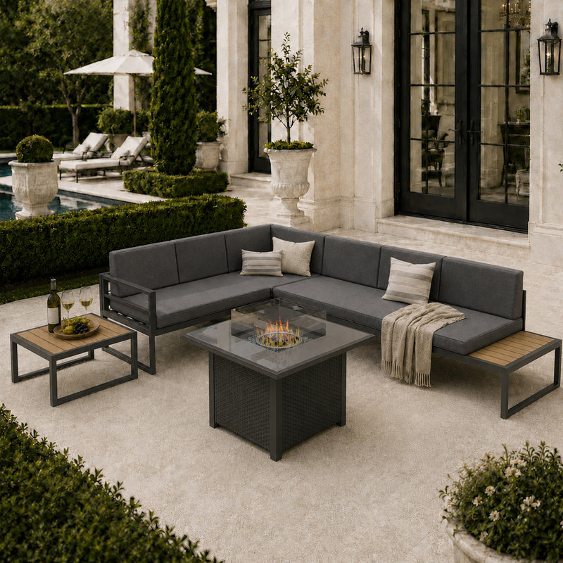 Ensemble de canapé modulaire d'extérieur en aluminium 3 pièces avec coussins épais pour conversation, Oui, Oui, Gris