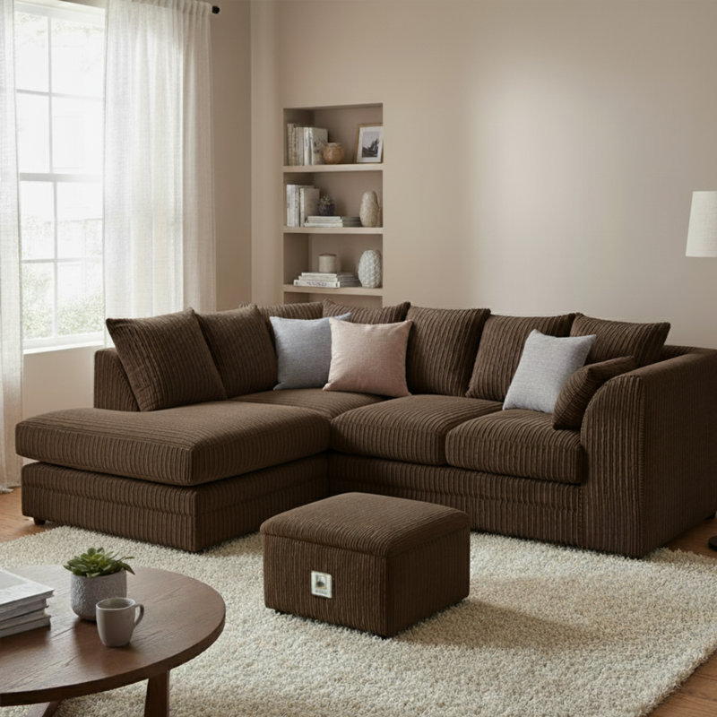 Jumbo Cord Upholstered Corner Sofa Small Back Cushion with Foot Stool , Brown, Left Hand Facing