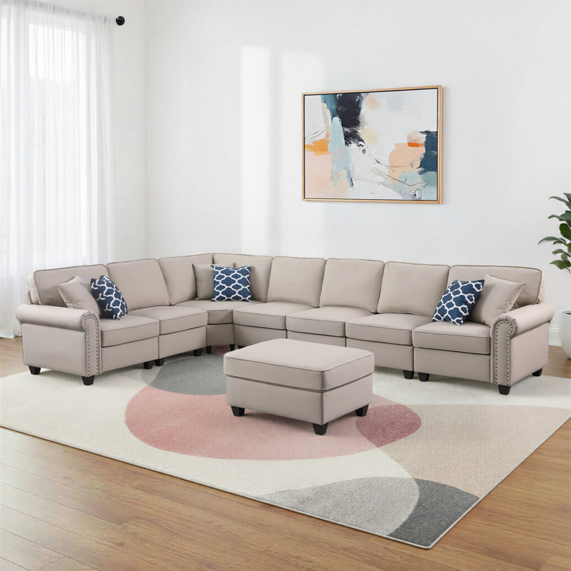Canapé modulaire en cuir artificiel avec repose-pieds Bouke, Similicuir beige