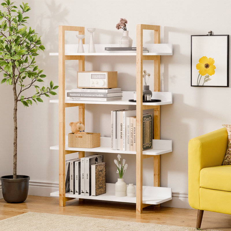 Multifuction Bookcase With Solid wood Frame, Natural/White