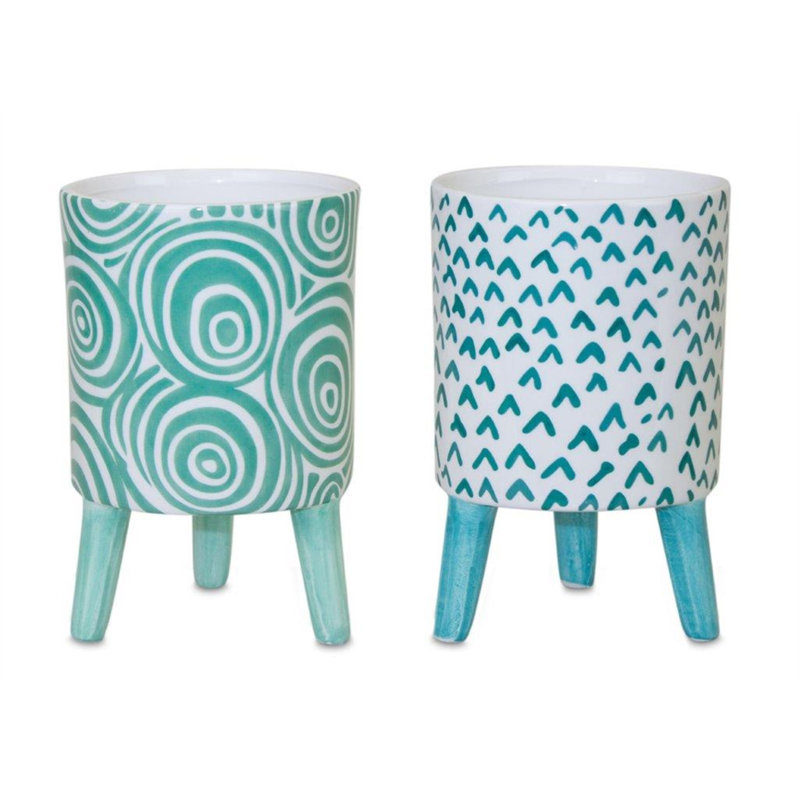 Ensemble de deux pots à fleurs ronds en céramique sarcelle et blanc 2 oz