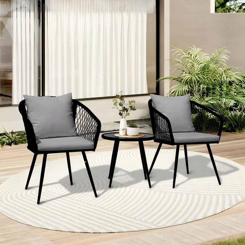 3-piece Outdoor Bistro Set For Patio, Balcony, Porch, And Poolside Garden, Gray, Black