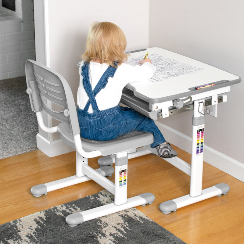 Gray Adjustable Height Kids Desk and Chair Set with Drawer