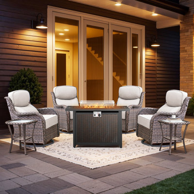 Wickes 7-Piece All-Weather Wicker Patio Conversation Set With Rectangle Metal Fire Pit Table, 4 Outdoor Swivel Gliders And Side Table by Lark Manor