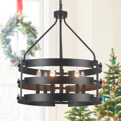 6 - Light 18.66'' Dimmable Farmhouse Rustic Metal Steel Cage Drum Candle Style Chandelier For Kitchen Entryway Hallway Foyer Dining Room Bedroom Living Room