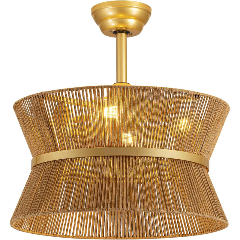 Boho Fandelier Ceiling Fan with Light and Remote Rattan Chandelier Fan Gold Caged Ceiling Fan with Light for Bedroom, Living Room Nursery Foyer Kitchen（6 Speed, Timing Adjustable Height）