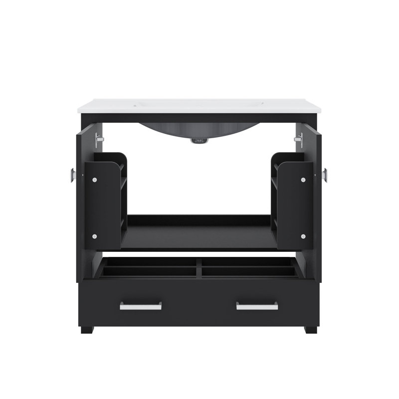 Meuble-lavabo de 36 pouces avec lavabo en céramique et portes étroites, Noir