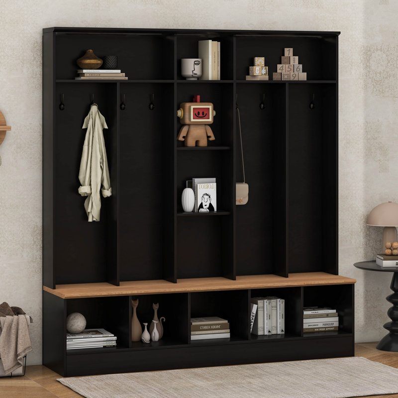 Hall Tree With Bench And Shoe Storage,Modern Entryway Cabinet With Open Shelves, Black