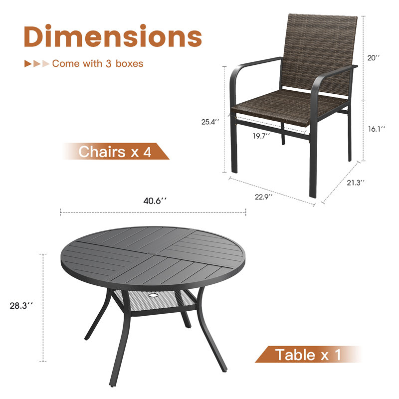Ensemble repas pour 4 personnes avec table de salle à manger ronde en métal et 4 chaises en rotin, Noir