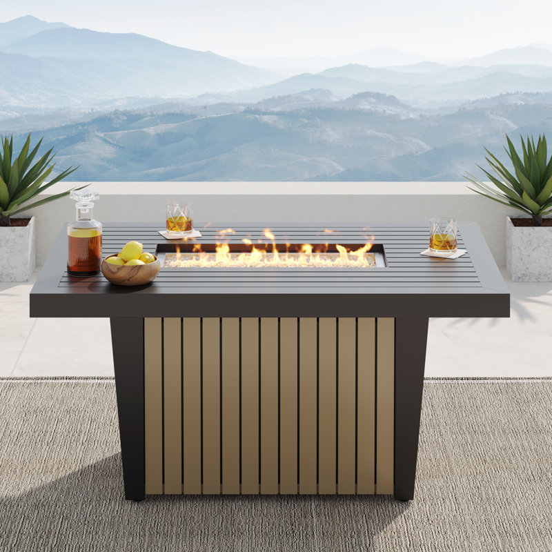 Aluminum Propane Outdoor Fire Pit Table with Hidden Fuel Tank Storage & Lid, Black/Brown