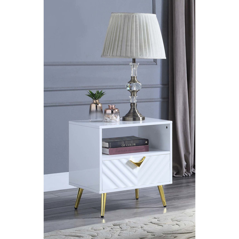 Table de bout blanche ultrabrillante avec 1 tiroir de rangement, pieds en métal, motif en forme de vague, rangement ouvert avec glissières latérales à extension de 2/3 po et configuration, 20 po de profondeur, 17 po de largeur, 22 po de hauteur