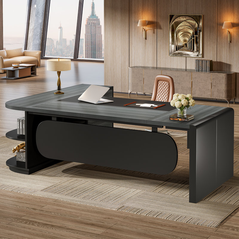 L-Shaped Executive Desk, Modern Office Desk with File Cabinet, Gray