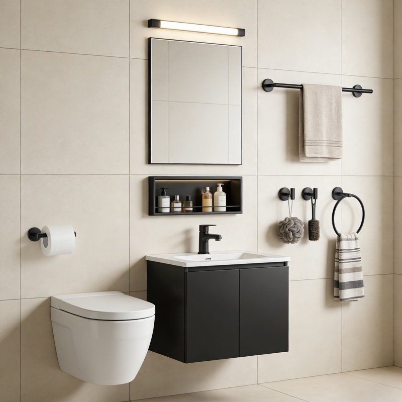 Ensemble de quincaillerie de salle de bain noire en acier inoxydable 5 pièces, Noir mat
