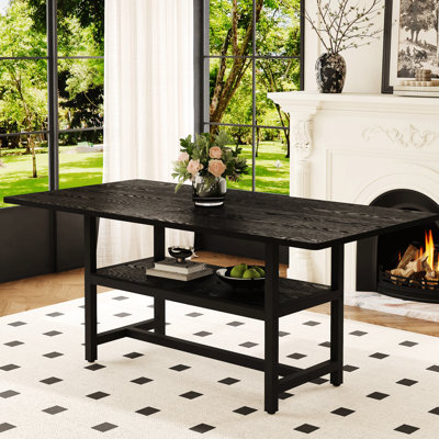 Table de salle à manger de 71 pouces de long, bureau texturé noir, plateforme de rangement 43,3 x 19,7 po, support en métal, pieds coulissants, décoration nordique simple et moderne