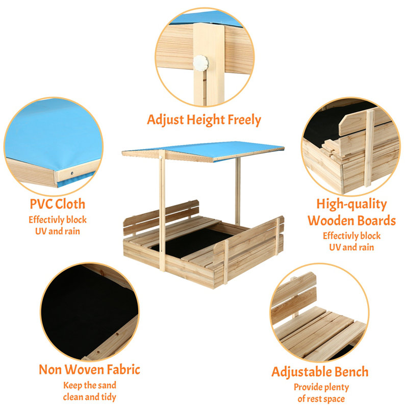 Sandbox With Lid And Cover For Kids With Canopy, Retractable Roof, UV-Resistant Sandbox W/2 Foldable Bench Seats For Backyard, Patio, Outdoor Play