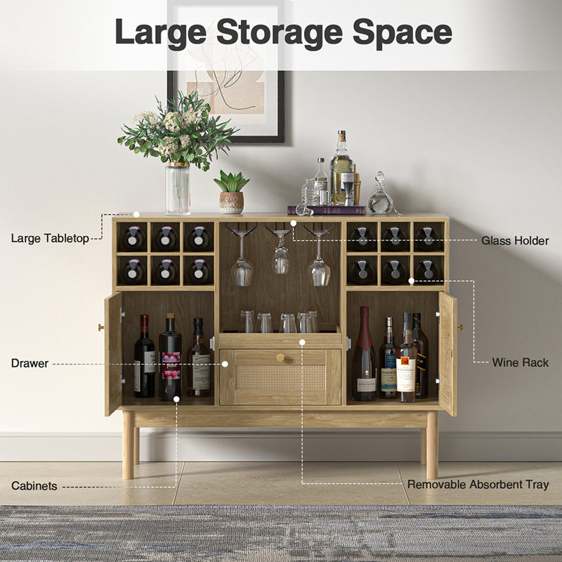 Akseli 43.3" Bar Cabinet, Rattan Sideboard Buffet Liquor Cabinet with Wine Racks  for Home
