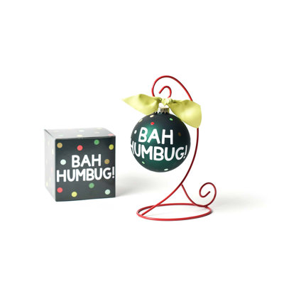 Bah Humbug 100Mm Glass Ornament With Ornament Stand Red
