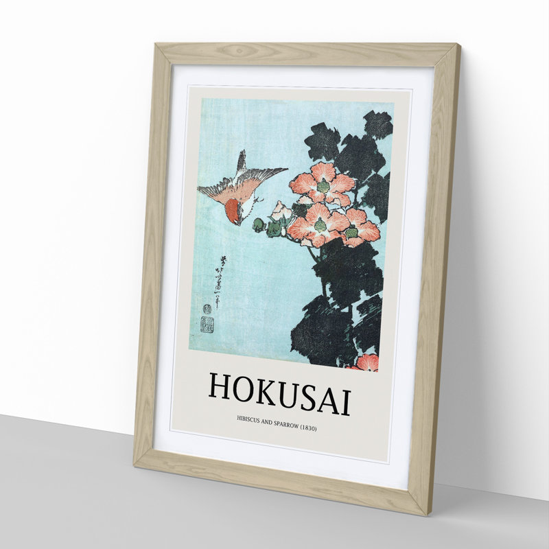 Hibiscus and Sparrow by Katsushika Hokusai - Picture Frame Art Prints, 65cm H x 48cm W x 2cm D, Oak Framed