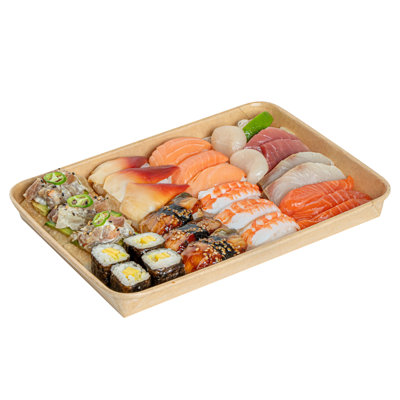 Restaurantware-Matsuri Vision 10.1 x 7.2 x 0.9 Inch Sushi Trays, 100 Greaseproof Sushi Packaging Boxes - Lids Sold Separately, Disposable, Kraft Paper Sushi Containers, For Appetizers Or Desserts