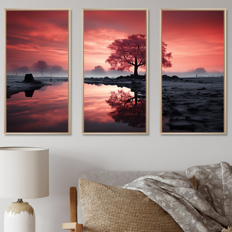 «Silent Raspberry Tree Reverie Landscape I», ensemble d'art sur toile, Cadre naturel flottant, H 32 po x l 48 po x P 1 po
