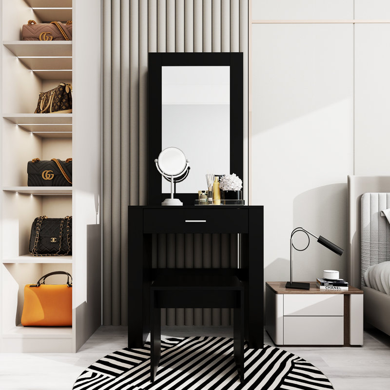 Ensemble de coiffeuse, bureau de coiffeuse, table de maquillage avec miroir, tabouret, tablettes de rangement et tiroir Makeda