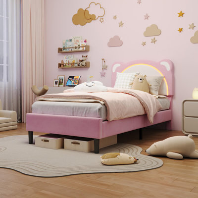 Twin XL Kids Bed Frame with Adjustable Headboard & LED Lights, Wooden Slats Support, No Box Spring Needed