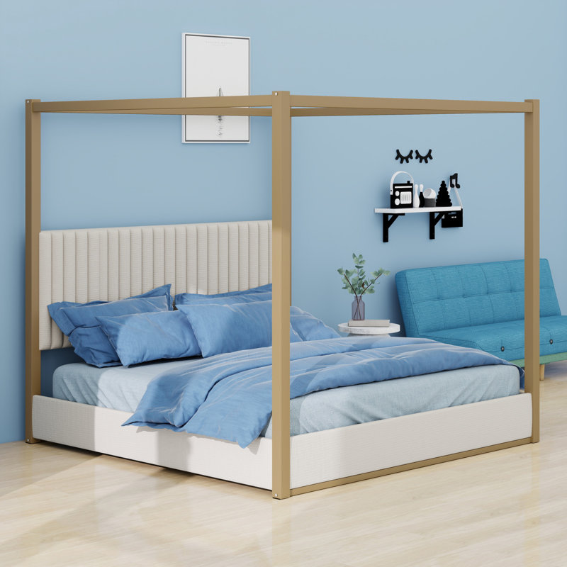 Lit plateforme à baldaquin élégant avec tête de lit, Beige
