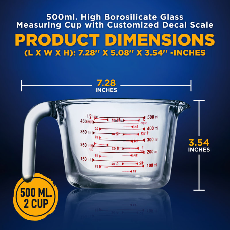 NutriChef 500 ml Clear Borosilicate Glass Measuring Cup with Decal Scale