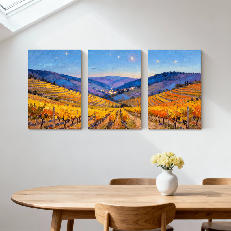 Abstrait paysage viticole automne couleurs coucher de soleil ciel montagnes, ensemble de 3 impressions d'art sur toile