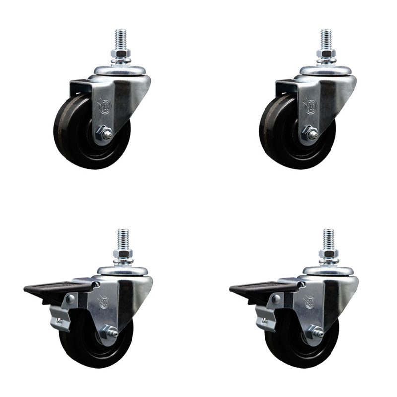 3 Inch Phenolic ½ Inch Threaded Stem Caster Set 2 Brakes SCC