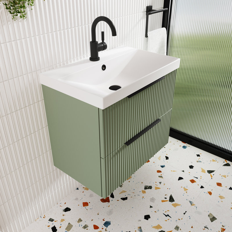Fluted 810mm Single Bathroom Vanity with Drop In Vitreous China Basin, Satin Green