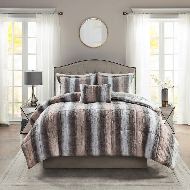 Édredon en fausse fourrure 4 pièces -, Grace Comfort, Édredon très grand et 3 pièces supplémentaires, Gris / rose 