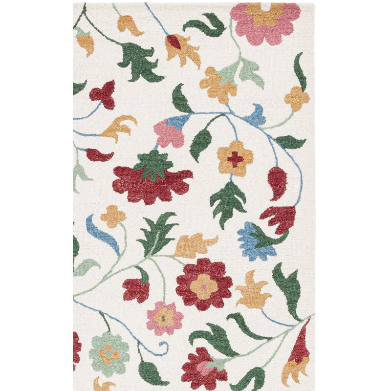 Abhinandan Hand Tufted Wool/Cotton Performance Floral Rug in Red/Green/Ivory, Runner 2'6" x 8'