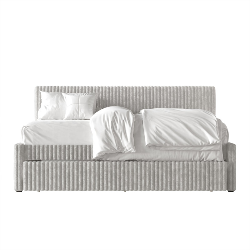 Twin Daybed Corduroy With Trundle, Light Gray