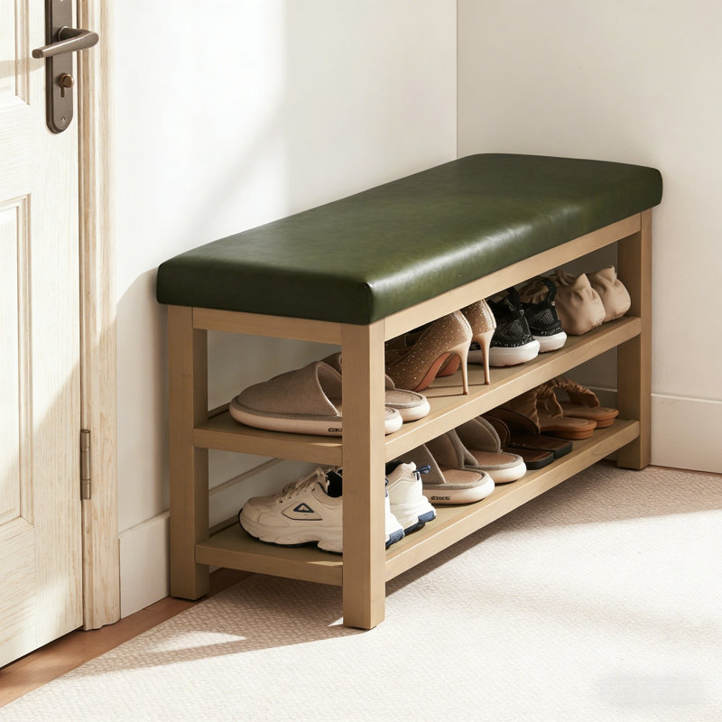 Banc de rangement Mid-Century, Light Yellow Wood/Green