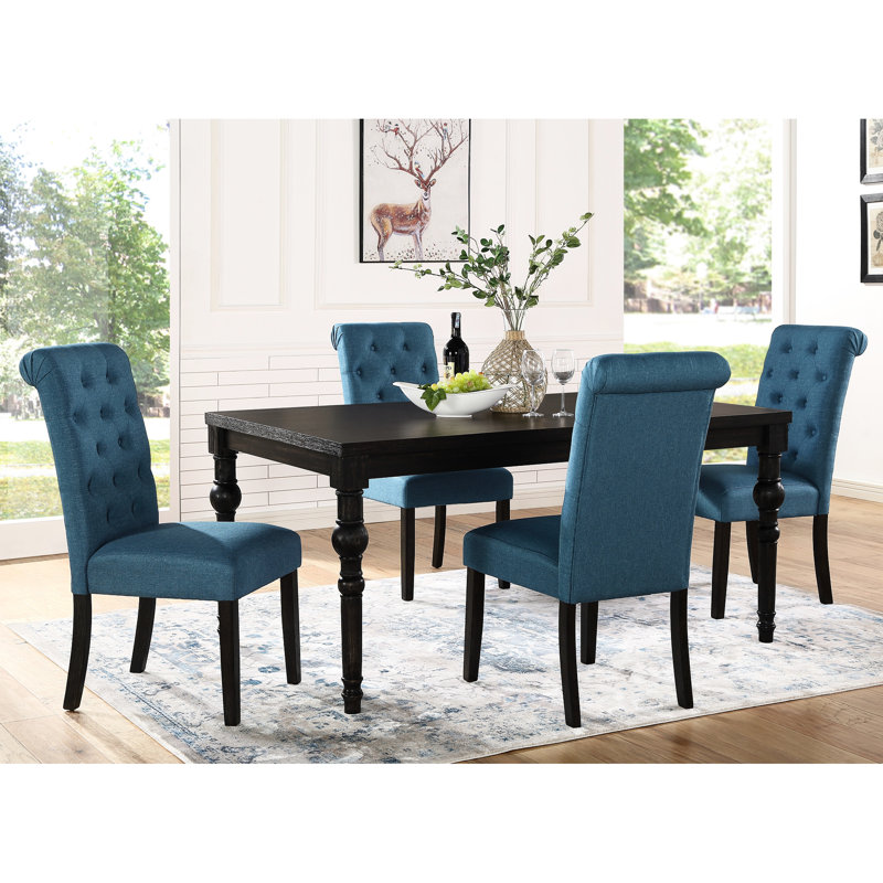 Ensemble de salle à manger à pieds tournés en bois de style urbain foncé: table et 4 chaises, bleu