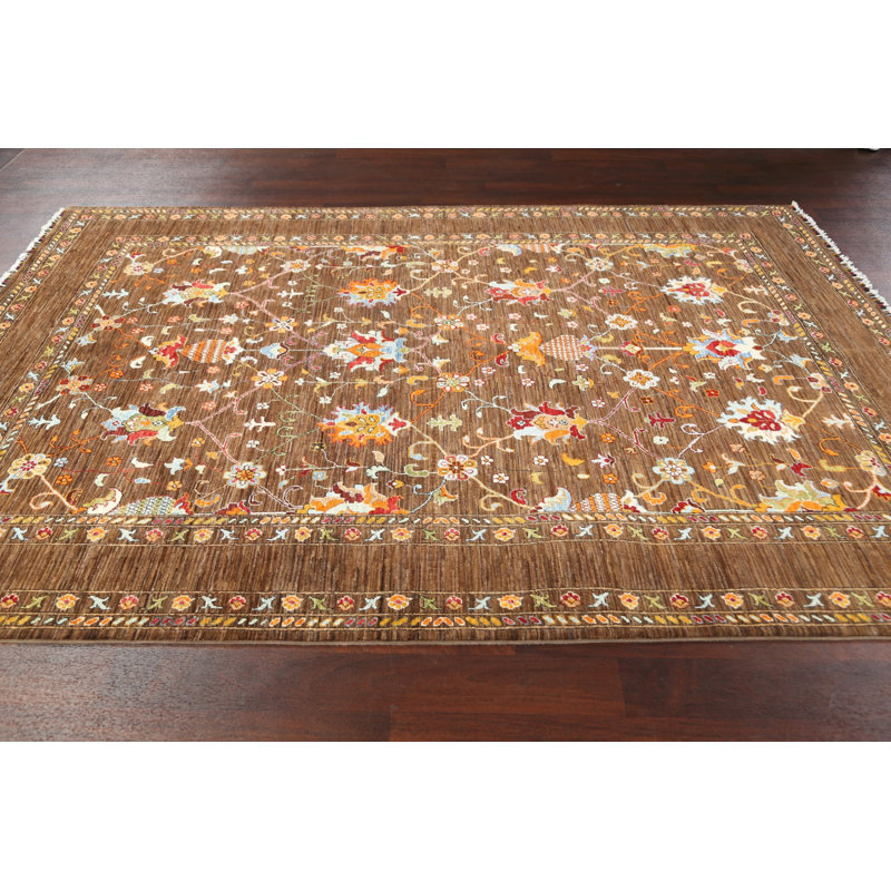 Tapis brun en laine noué à la main de conception unique 6 pi 9 po x 9 pi 7 po New Age