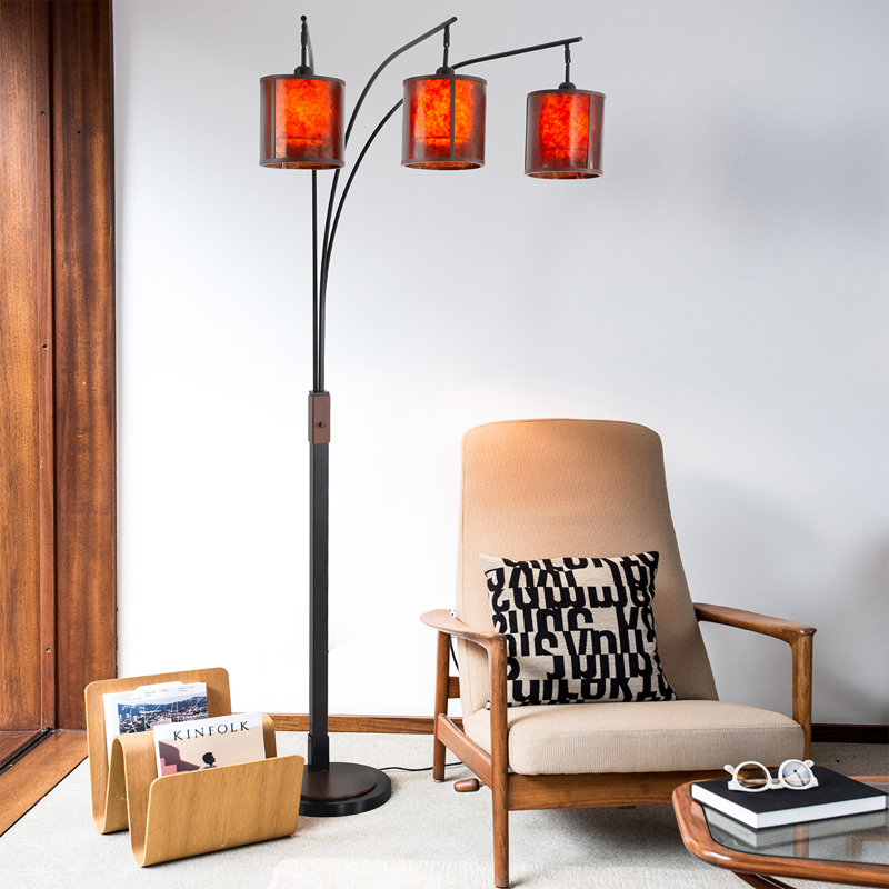 Gunmetal Arc Floor Lamp with Amber Mica Shades and Smart Control, 3-Light