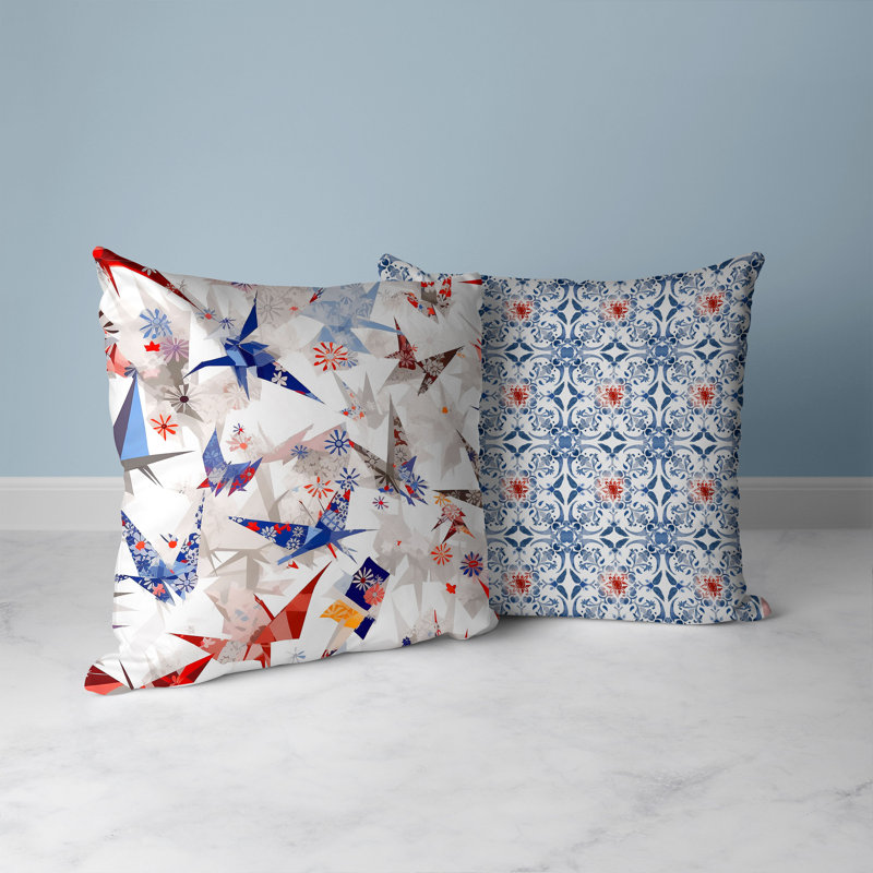 White and Blue Origami Patterned Square Throw Pillow