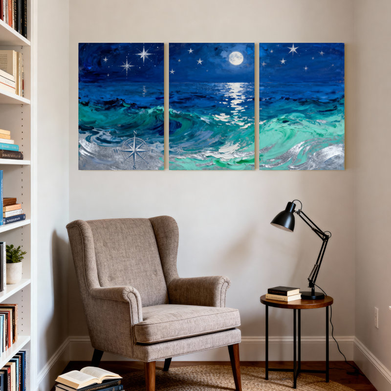 Nautique et plage, nuit étoilée, vagues de l'océan, clair de lune, boussole, ensemble de 3 impressions sur toile