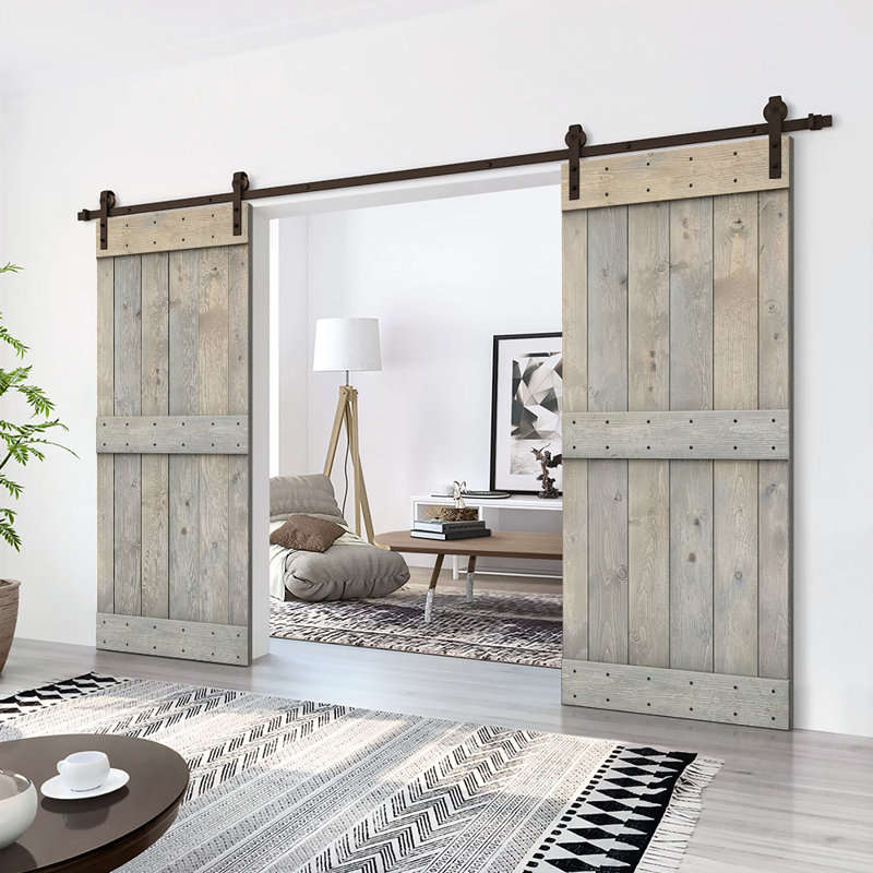 Porte de grange en bois massif lambrissé et métal, Gris fumée, 44 po x 84 po