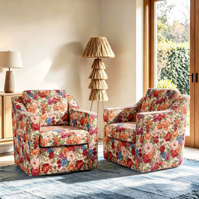 Big And Wide Upholstered Beige Floral Cushion Swivel Armchair With Removable Back And Seat Cushion