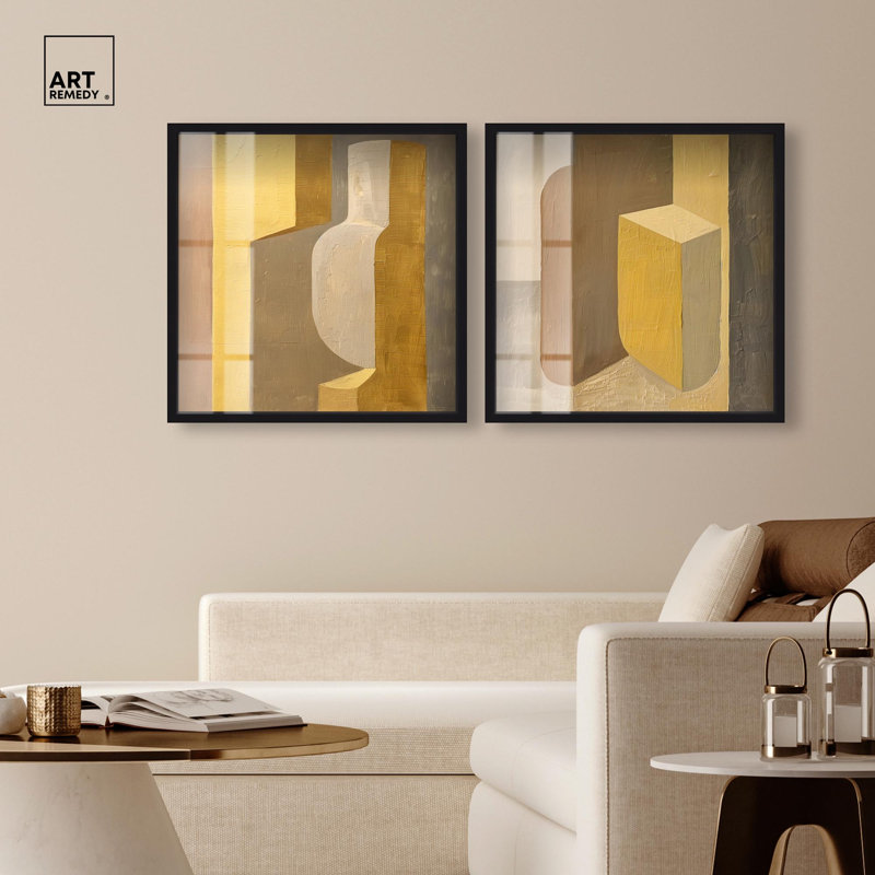 Columnar Forms Diptych Shadowbox Print Beige Wall Decor Set by Art Remedy, White Frame, 24 x 24, 25" H x 25" W, Black Frame