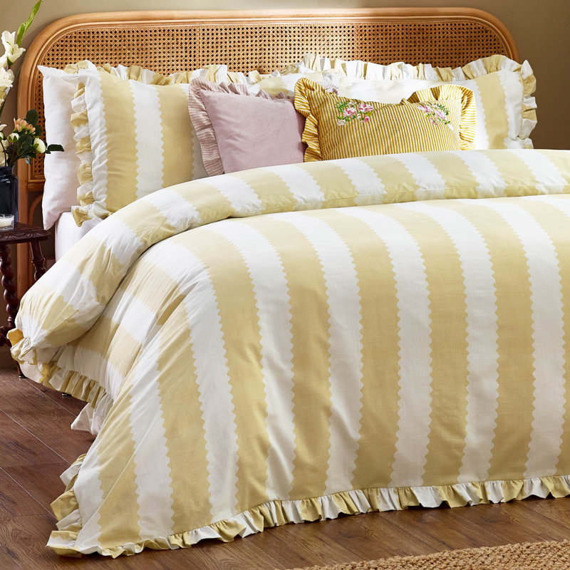 Birdie Stripe Cotton Blend Striped Duvet Cover Set with Pillowcases Included, Butter Yellow