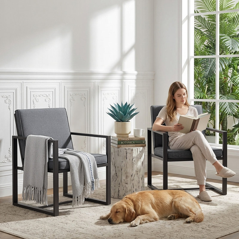 Ensemble de 2 chaises de patio d'extérieur robustes en métal avec coussins pour le jardin