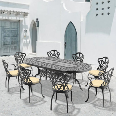 (Coussins de couleurs aléatoires) Ensemble de meubles de patio en aluminium coulé avec coussins, repas d'extérieur