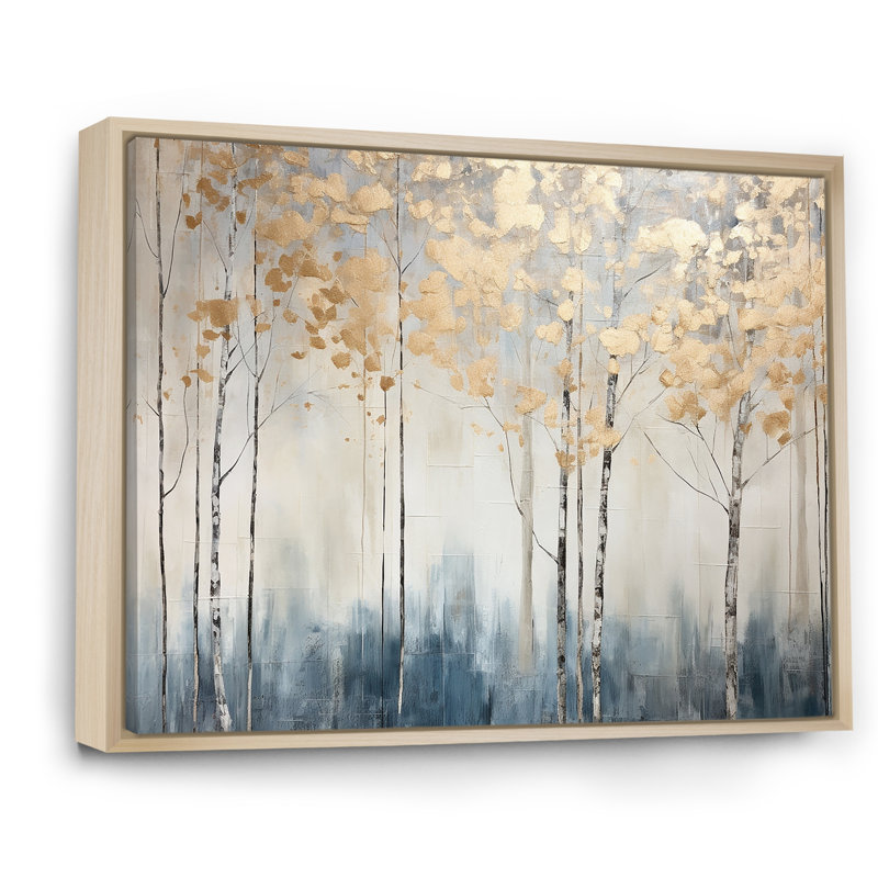 Minimalisme bleu et forêt dorée II - forêt, art mural, Cadre naturel flottant, H 34 po x l 44 po x P 1,5 po