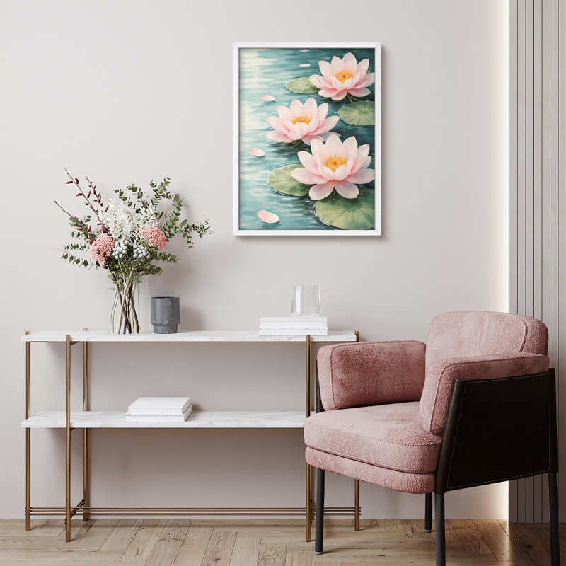 Pink Lotus Water Garden Framed Wall Art Prints - Tranquil Floral Bathroom Bedroom, H 10 po x l 8 po, Blanc