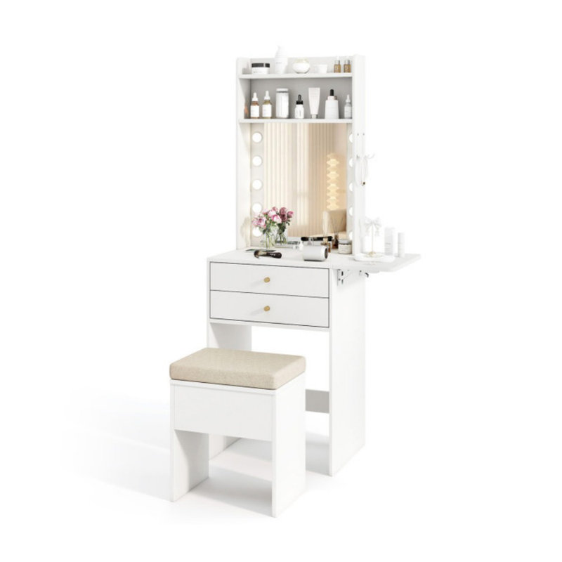 Compact Vanity Desk Set with 3-Color Lighted Mirror and Power Outlets