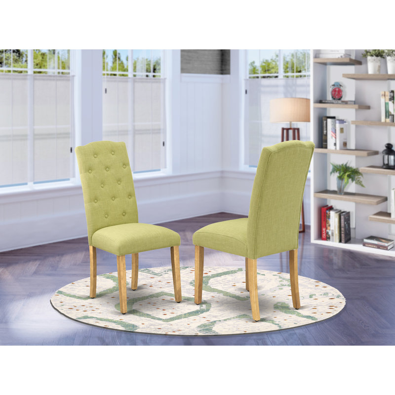 Celina Parson Dining Room Chairs - Button Tufted Limelight Linen Fabric Upholstered Chairs, Set of 2, Oak, Limelight, Oak